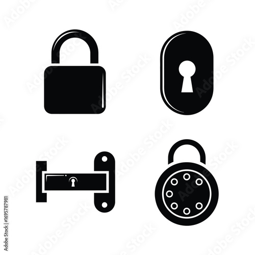 A collection of black silhouette lock and keyhole icons for security and protection concepts. Set of padlocks, deadbolts, and combination locks isolated on a white background