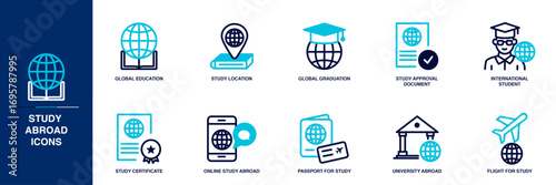 Study Abroad Blue Colored Outline Icon Set