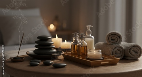 A serene spa scene stacked stones lit candles oils  rolled towels on a wooden table An incense stick burns gently nearby