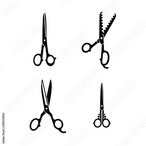 A diverse collection of elegant black scissors silhouettes, showcasing various designs and shapes for different cutting tasks and crafting needs, isolated on a clean white background