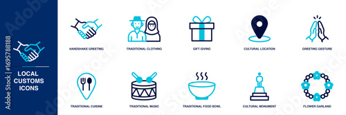 Local Customs Blue Colored Outline Icon Set