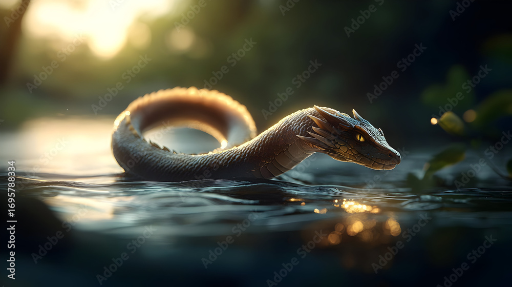Fototapeta premium Mythical Dragon Creature In Water At Sunset