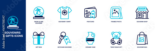 Souvenirs & Gifts Blue Colored Outline Icon Set