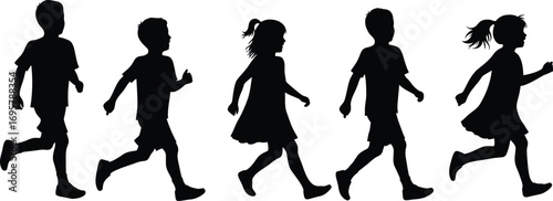 children silhouettes running together in playful line