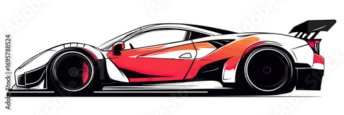 Side view of sleek modern racing sports car with aerodynamic design bright red and black color flat vector illustration digital artwork