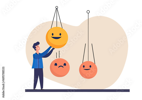 Man adjusting large smiling face pendulum next to smaller neutral and sad face pendulums representing emotional balance and optimism concept in flat vector style