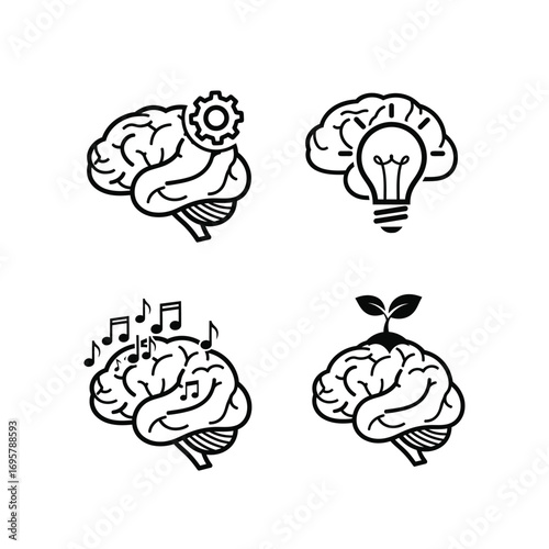 Brain Icons Demonstrating Thinking, Ideas, Creativity, and Growth in Various Concepts