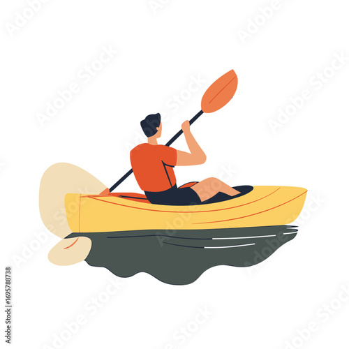 Man paddling yellow kayak on water flat minimalist vector illustration in summer outdoor leisure activity with paddle and life vest