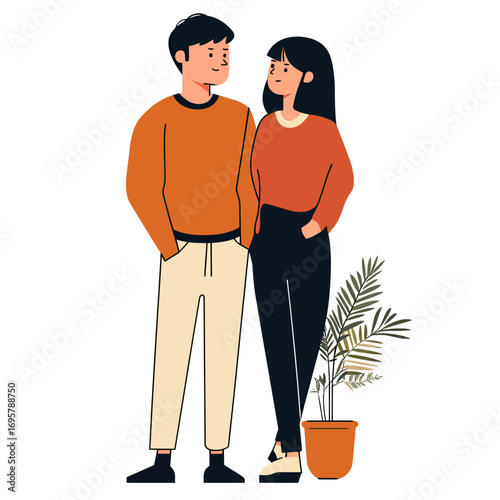 Young couple standing together casually dressed in warm tones with potted indoor plant on white background, modern flat illustration of relationship and friendship concept