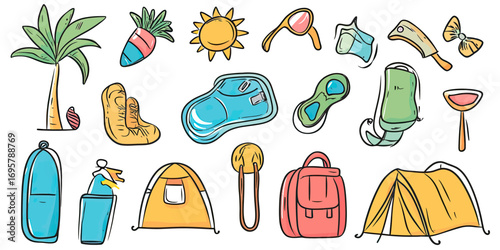 Hand drawn summer camping and beach vacation doodles including palm tree, sun, flip flop, drinks, backpacks, tents, and travel accessories collection in minimalist style