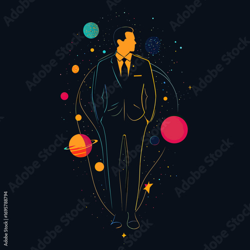 Abstract businessman silhouette in suit surrounded by colorful planets stars and cosmic elements space universe background vector illustration