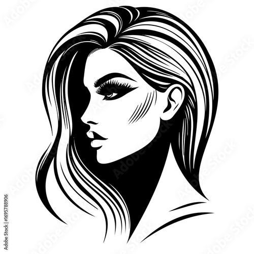 Woman's face with long hair and a black and white background. The woman has a black and white hair style