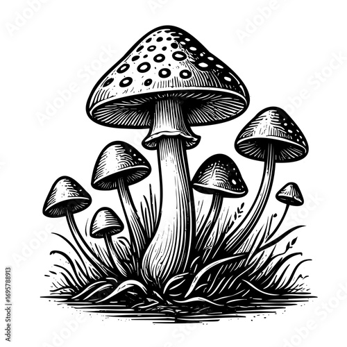 Drawing of a mushroom with five other mushrooms surrounding it. The mushrooms are all different sizes and are all pointing in different directions