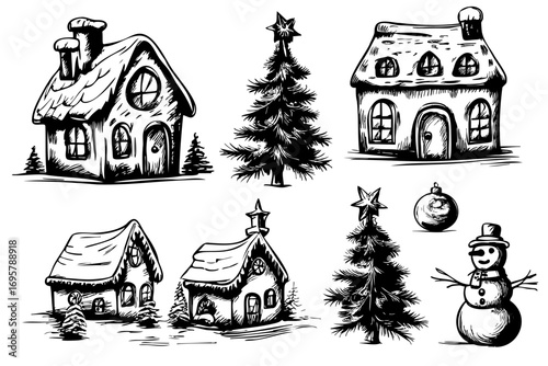 Set of black and white drawings of houses, trees, and snowmen. The houses are small and have a cozy, wintery feel. The trees are tall and green, and the snowmen are made of snow