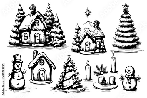 Set of Christmas decorations including a snowman, a house, a tree, and candles. The snowman is on the left side of the image, the house is in the middle, and the tree is on the right side