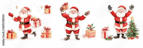Watercolor Santa Claus in Festive Poses with Christmas Gifts, Holiday Cheer, Presents, Christmas Tree, and Decorations in Flat Minimalist Style Vector Illustration