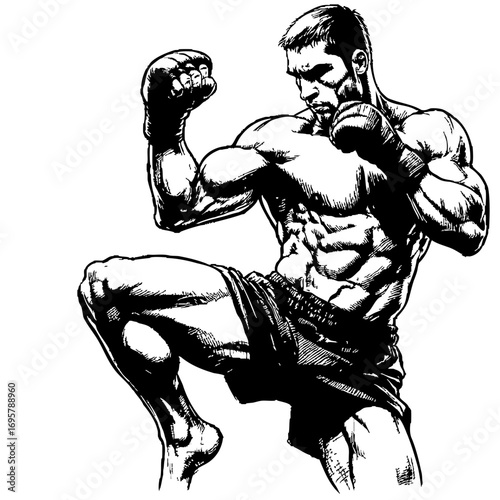 Man is punching a boxing bag. He is wearing shorts and a shirt. The man is standing with his legs apart