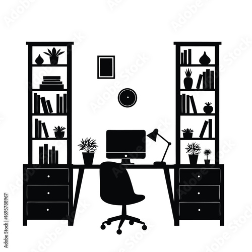 Silhouette home office desk with bookshelves and computer Keywords: home office, desk, computer