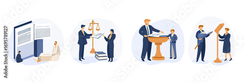 Set of four law and justice illustrations showing lawyer and attorney with legal documents, scales of justice, courtroom, and legal consultation in minimalist flat style
