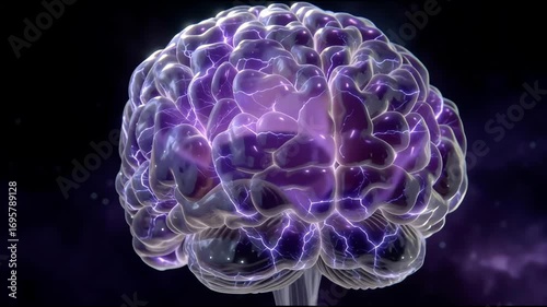 Close-up View of a Human Brain Illuminated with Purple Connections Against a Dark Background