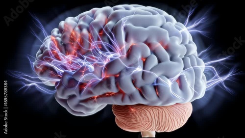 Detailed Close-Up View of an Illuminated Human Brain with Electric Neural Activity Against a Dark Background