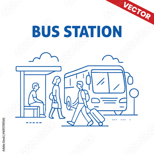 Passengers Waiting for Bus at Bus Station with Bus Stopping outline vector graphic illustration