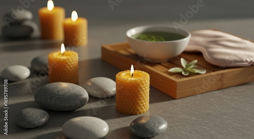 Spa scene with lit candles smooth stones a wooden tray holding a bowl of green liquid sleep mask and a small plant on a gray surface