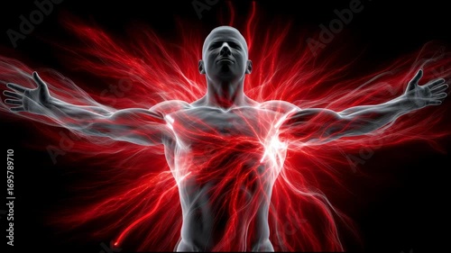 Dynamic Human Silhouette Surrounded by Vibrant Red Energy Patterns Representing Power and Vitality