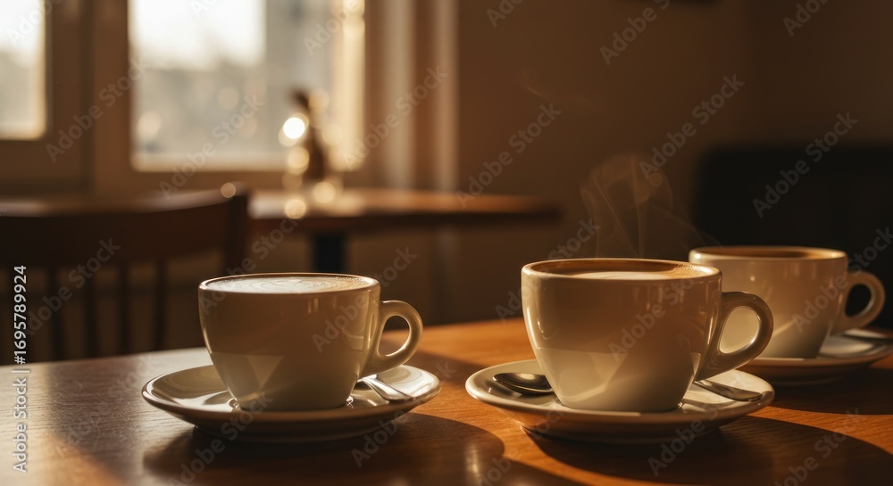 Fototapeta premium Three cups of coffee sit on a wooden table steam rising from one bathed in warm natural light in a cafe setting