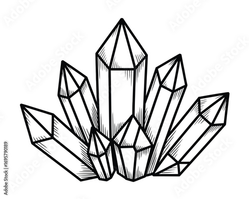 Hand drawn illustration of a cluster of crystals in black and white