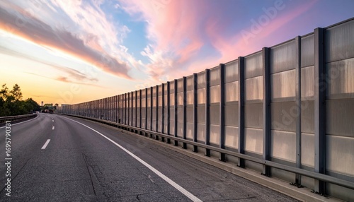 Acoustic barrier panels along highway in rhythm pastel sky strip wallpaper background representing modern infrastructure surface suitable for minimal architectural design