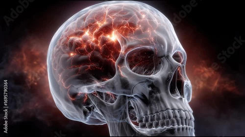 Transparent Skull Displaying Glowing Brain with Neural Connections Against Dark Cosmic Background