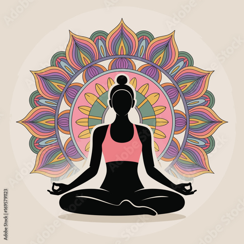Woman meditating in lotus pose with colorful mandala background