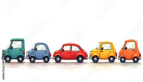 Playful Cartoon Drawing of Bright Cars in Colorful Arrangement
