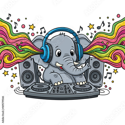 A cute cartoon elephant DJ wearing blue headphones plays music on a turntable with colorful sound waves.