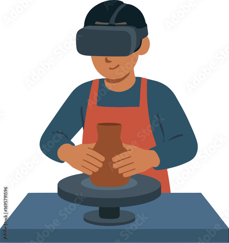 VR studio student crafting clay on a virtual wheel illustration