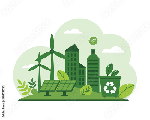Green cityscape with renewable energy sources and recycling