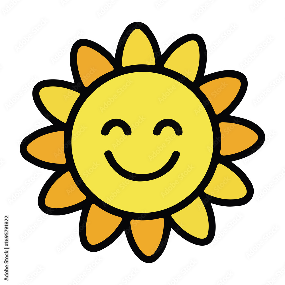 Obraz premium Cute smiling sun character with orange rays