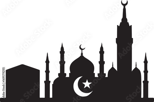 Silhouette of Mecca city skyline with Kaaba and mosque minarets in vector EPS format.