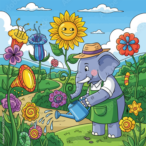 A cute cartoon elephant gardener wearing an apron and hat waters a whimsical flower garden.