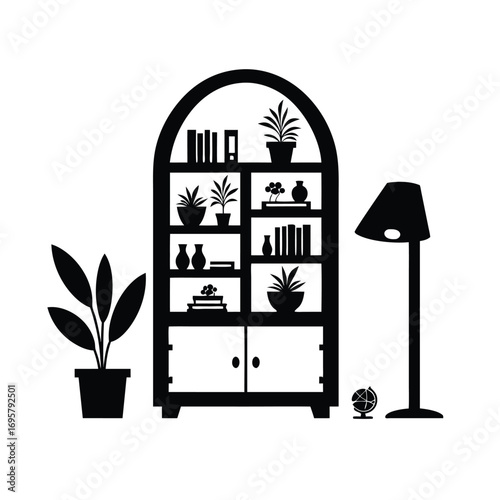 Silhouette of a Curio Cabinet with Plants and Lamp