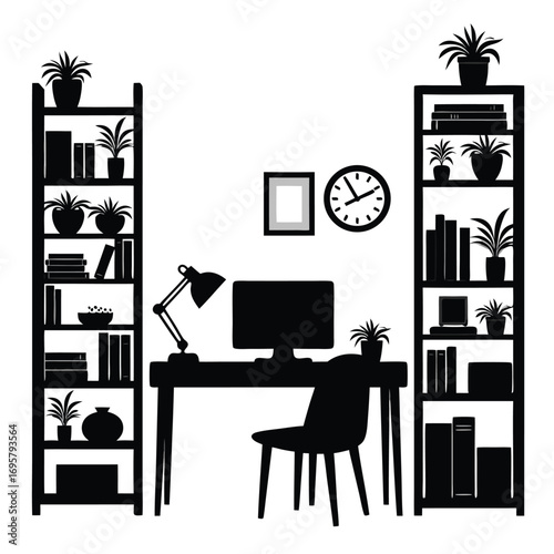 Silhouette of a home office desk with bookshelves and plants