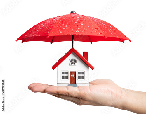 Miniature House Protected by Red Umbrella – Home Insurance Concept Flat Lay