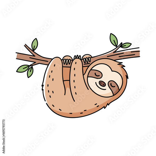 A cute cartoon sloth sleeping peacefully while hanging upside down from a tree branch.