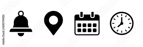 Location, time, calendar and notification bell icons set. Flat simple illustrations of pin, date, clock and bell