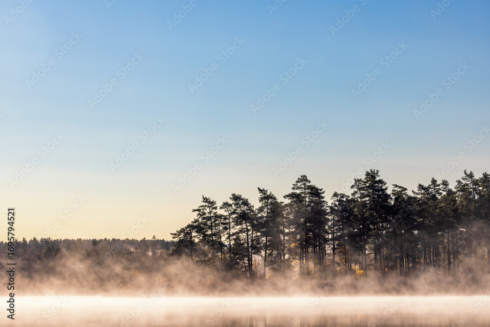 Fototapeta premium Morning mists by a lake in the forest in autumn