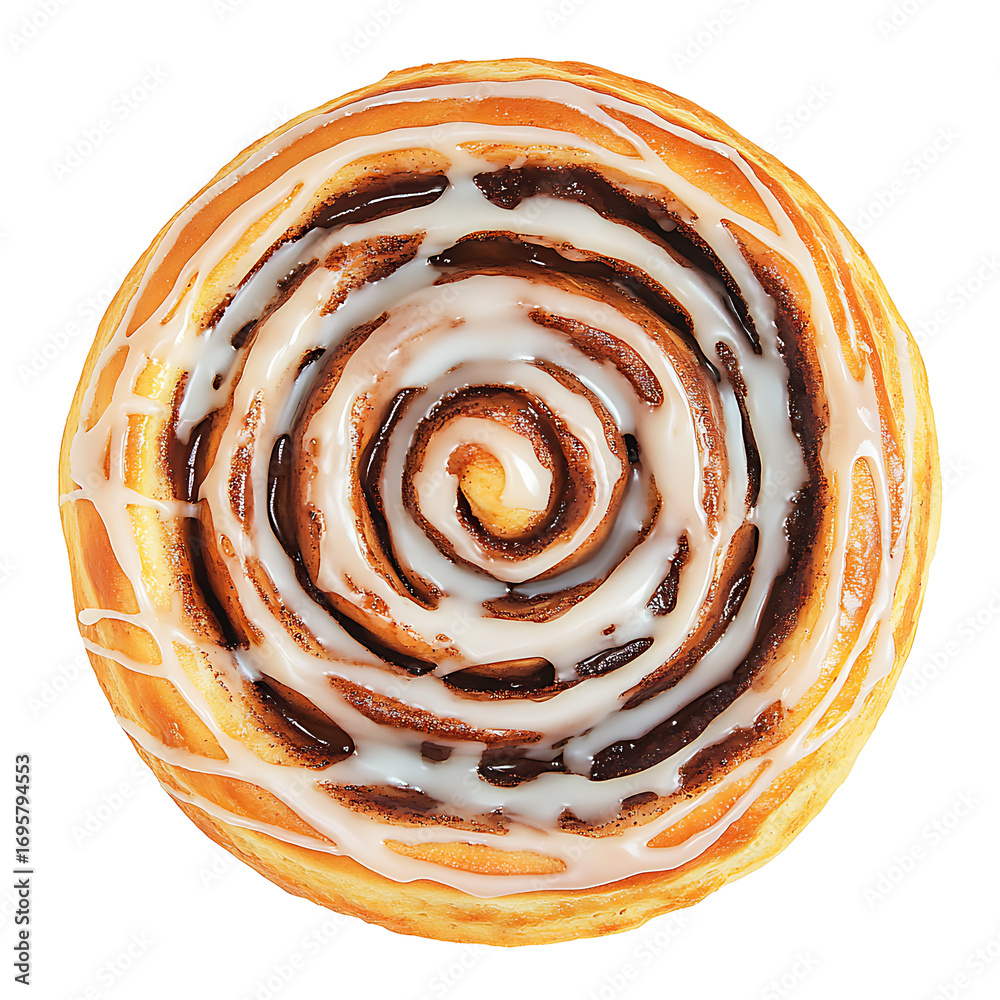 Fototapeta premium Top View of a Glazed Cinnamon Roll with Swirled Filling
