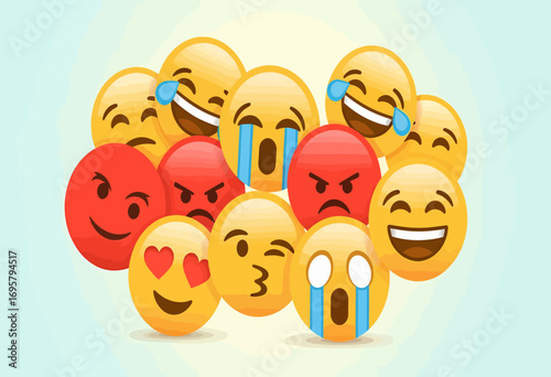 Vibrant cluster of diverse emoji faces illustrating a wide spectrum of human emotions for modern digital communication