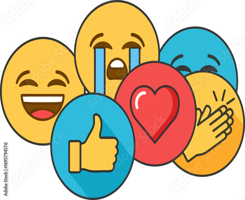 Colorful collection of flat design social media reaction icons expressing various emotions like love, laughter, sadness, and approval