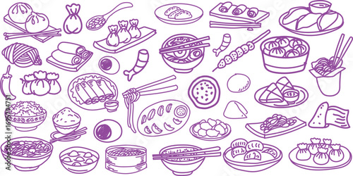 Hand-drawn doodle vector set of Chinese food including dumplings, noodles, sushi, spring rolls, rice, dim sum, and snacks. Perfect for restaurant menu, culinary design, branding, and food art.